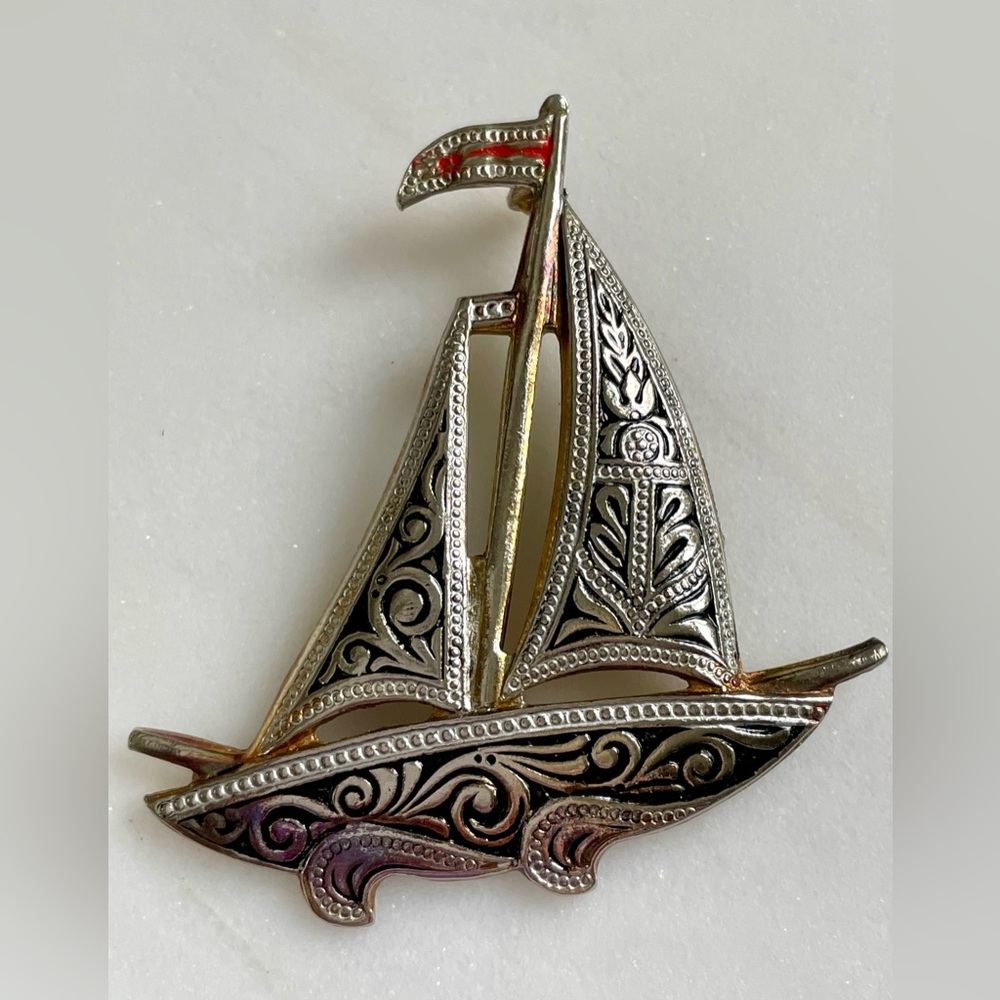 Ornate Silver-Tone Damascene Spanish Sailboat Brooch with Gold Accent